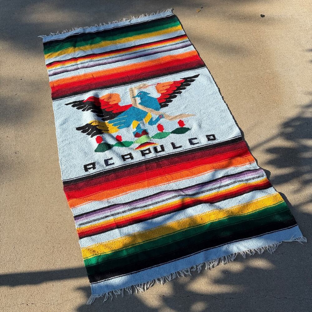 Vintage 90s VTG Mexican Serape Blanket Acapulco Eagle Multicolor Fringe Throw